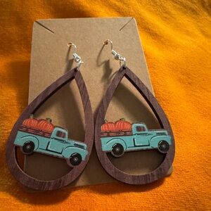 Festive Fall Teardrop Earrings with Vintage Truck Design
